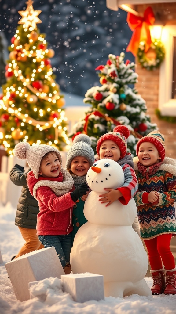 Children playing in the snow during Christmas, building a snowman with festive decorations in the background.